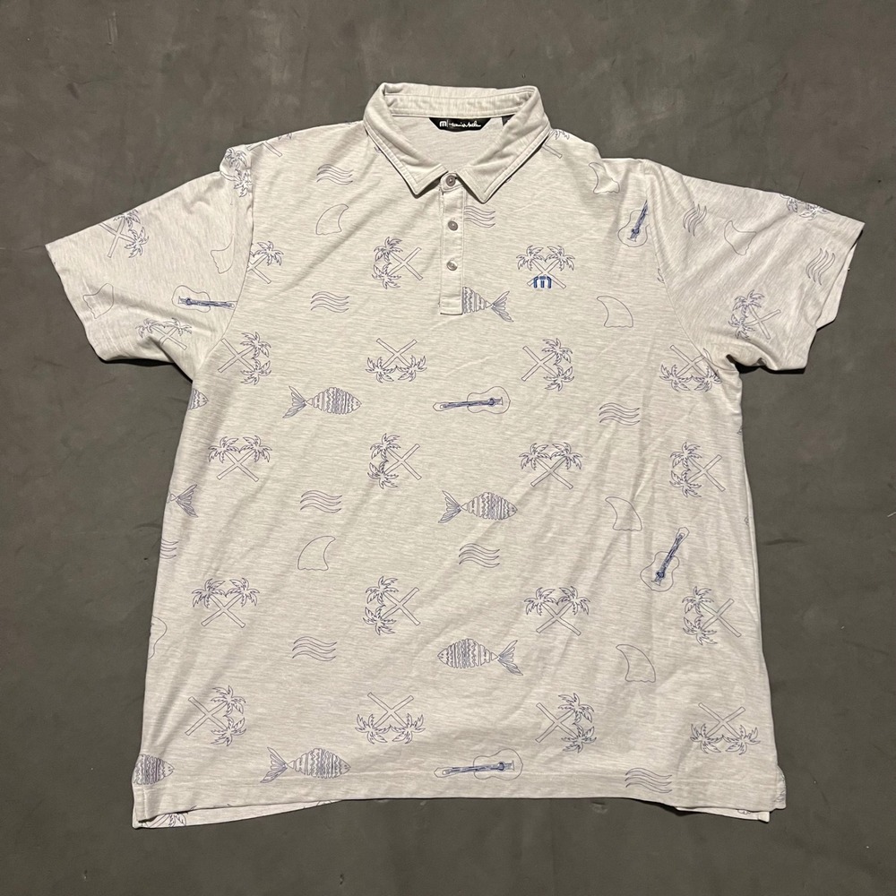 TravisMathew Polo Shirt Mens XL Gray Novelty Print Tropical Performance Stretch